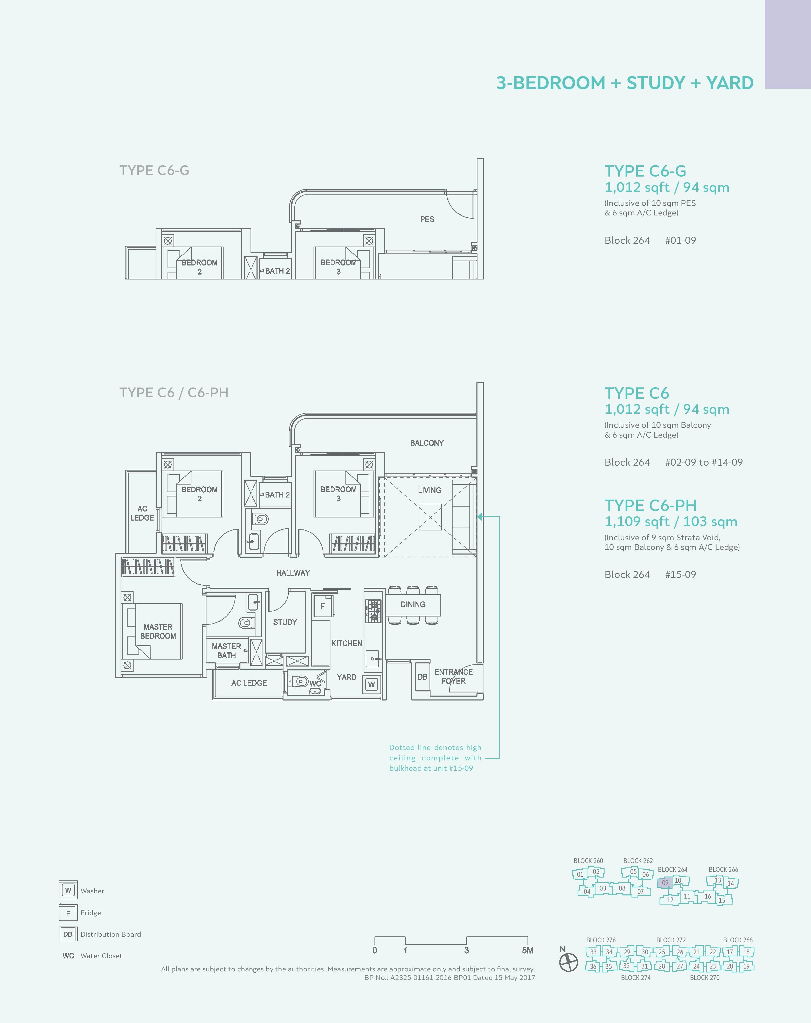 Hundred Palms Residences 3 Bedroom + Study + Yard Type C6, C6-G, C6-PH Floor Plans